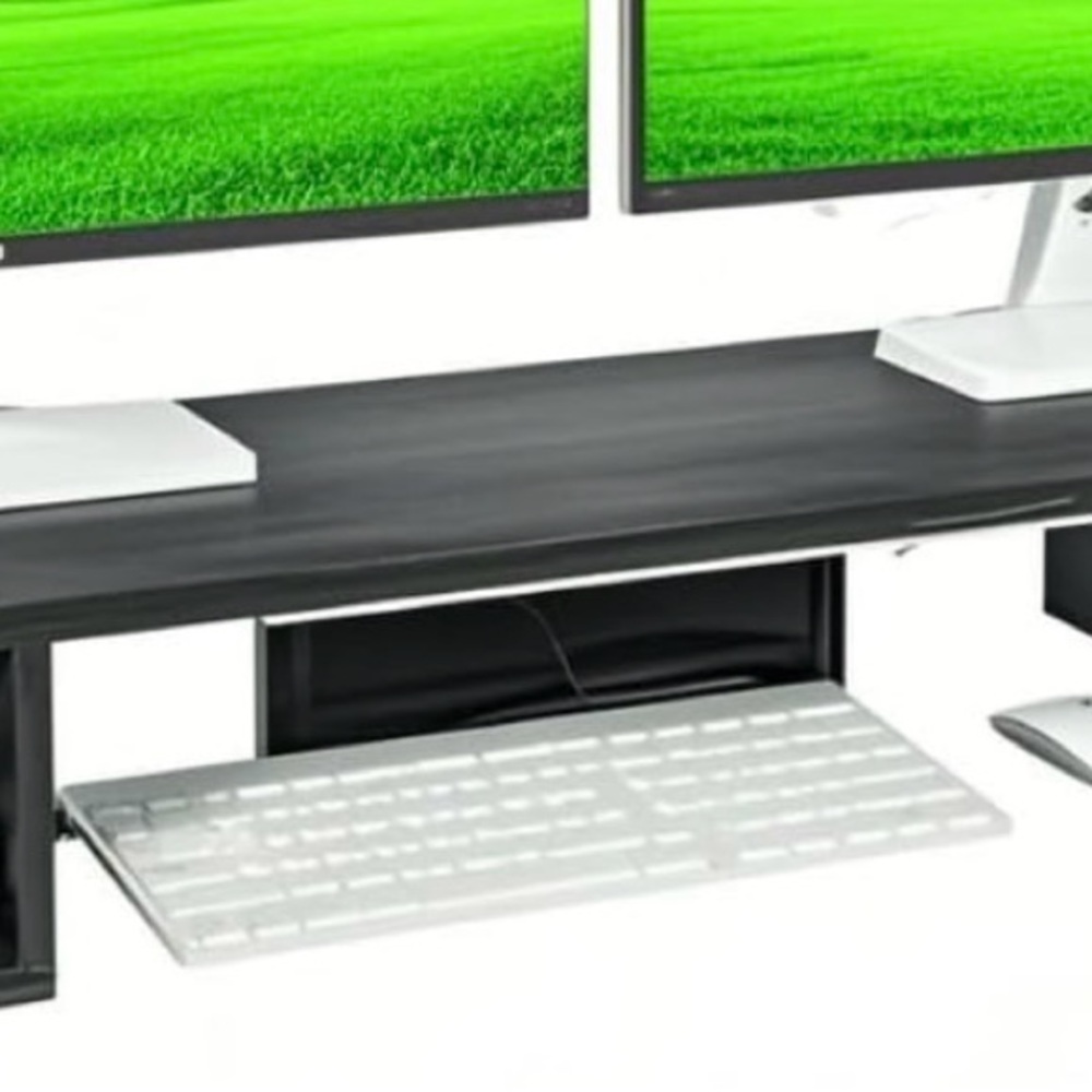 Black Dual Monitor Stand with Keyboard Storage